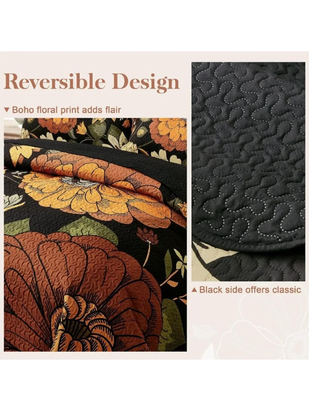 Boho Floral 3-Piece Black Quilt Bedding Set for Full/Queen Size - Cozy & Stylish